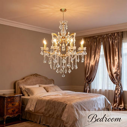 Antique Gold Crystal Chandeliers, Candle Pendant Ceiling Light Fixture 8-Lights Luxury Polished Golden Bronze Crystal Chandelier Adjustable Chain for Dining Living Room Foyer Hallway