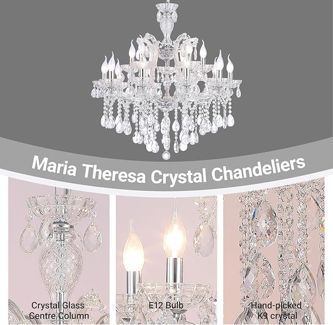 Modern Large Crystal Chandelier, Maria Theresa Crystal Chandelier 15 Lights 2 Layers Luxury Chrome Chandelier Lighting Fixture for Dining Room, Living Room, High Ceiling, Foyer, Staircase