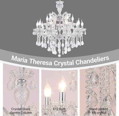 Modern Large Crystal Chandelier, Maria Theresa Crystal Chandelier 15 Lights 2 Layers Luxury Chrome Chandelier Lighting Fixture for Dining Room, Living Room, High Ceiling, Foyer, Staircase