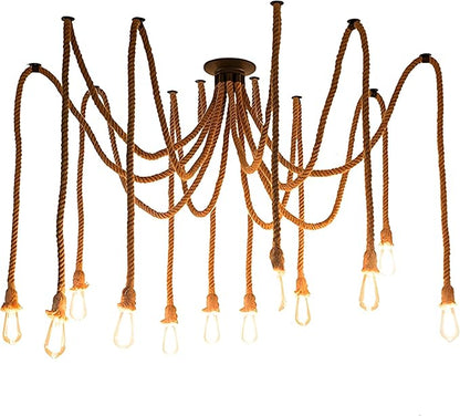 12 Head 2 Meter Vintage Hemp Rope Pendant Light Fixture E26/E27 Base, Vintage Ceiling Light Lamp,Retro Style for Dining Hall Restaurant Bar Lighting(Bulb not Included)
