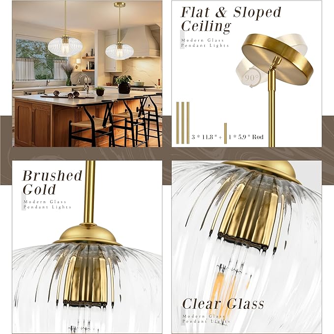 12" Clear Glass Modern Pendant Light Kitchen Island Brushed Gold Mid Century Modern Pendant Lighting with Clear Glass Hanging Pendant Light for Dining Room（Bulb Incl.）
