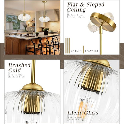12" Clear Glass Modern Pendant Light Kitchen Island Brushed Gold Mid Century Modern Pendant Lighting with Clear Glass Hanging Pendant Light for Dining Room（Bulb Incl.）