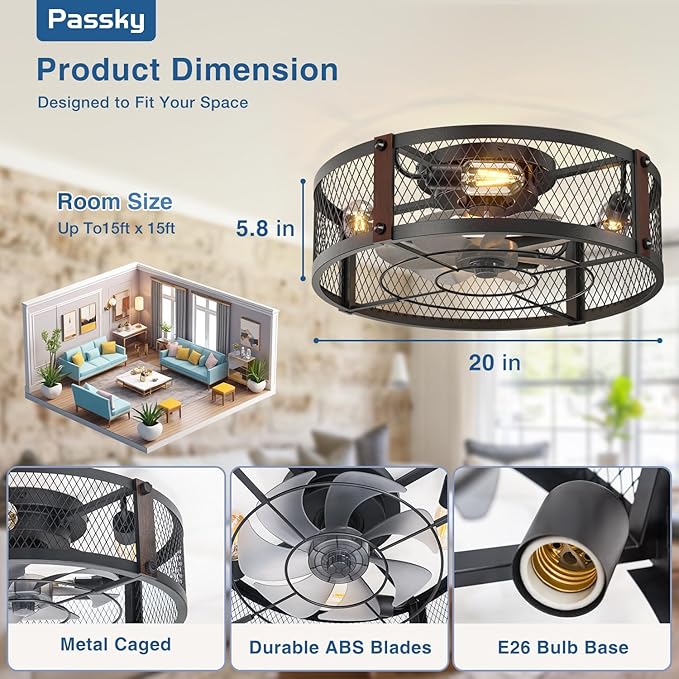 Passky 20" Farmhouse Flush Mount Ceiling Fans with Lights and Remote, Industrial Black Caged Low Profile Fandelier, 6 Speeds Bladeless Ceiling Fan for Bedroom, Kitchen, Living Room