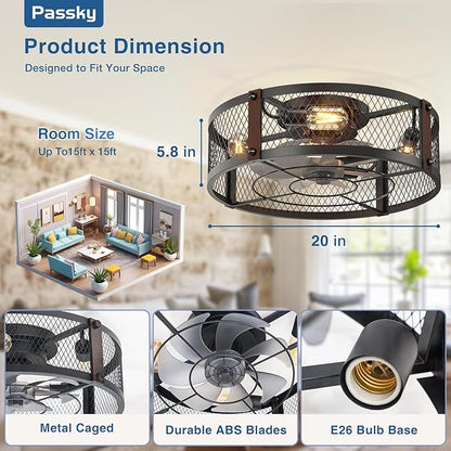 Passky 20" Farmhouse Flush Mount Ceiling Fans with Lights and Remote, Industrial Black Caged Low Profile Fandelier, 6 Speeds Bladeless Ceiling Fan for Bedroom, Kitchen, Living Room