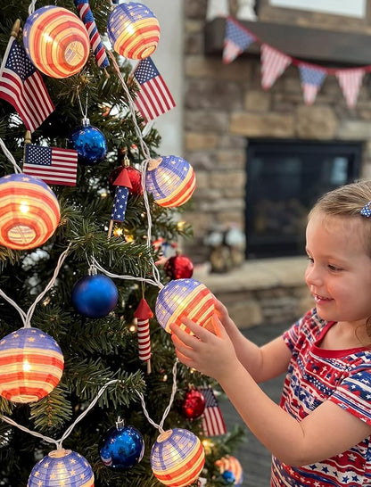 American Flag Lantern Lights Plug in, 8.5Ft 4th of July Decorations String Lights with 10 Mini USA Flag Lantern Lights, Hanging Indoor String Lights for Outdoor Independence Day Patriotic Party Decor
