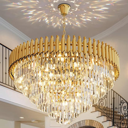 32 inch Gold Crystal Chandelier 6-Tier Modern Luxury Pendant Light Fixture for High Ceiling 13-Light Large K9 Crystal Lighting for Foyer Living Room Dining Room