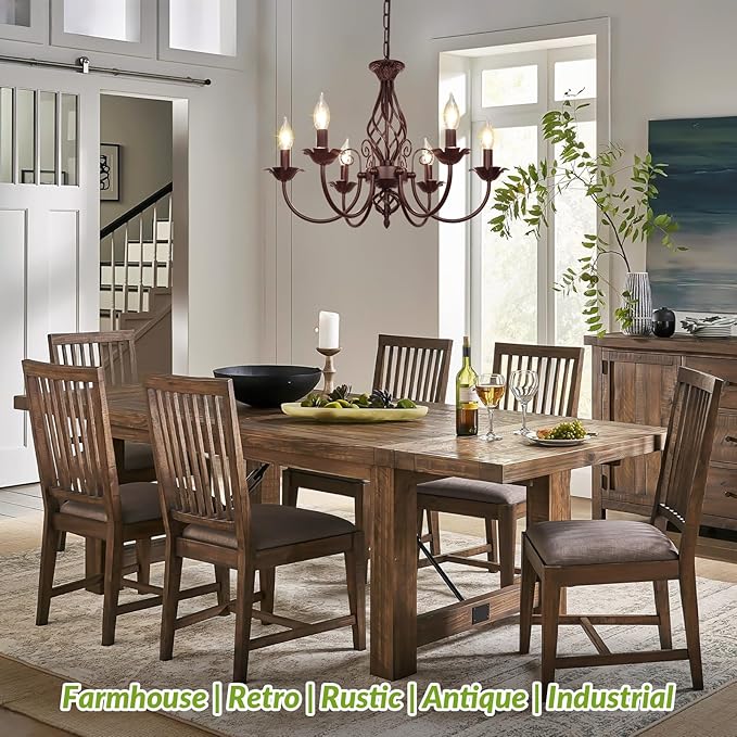 6-Light Farmhouse Candle Chandelier for Living Room, Rustic Industrial Pendant Ceiling Light fixture, Vintage Hanging Lamp for Bedroom Hallway Kitchen Dining Room Foyer, E12 Socket, Oil Rubbed Brown
