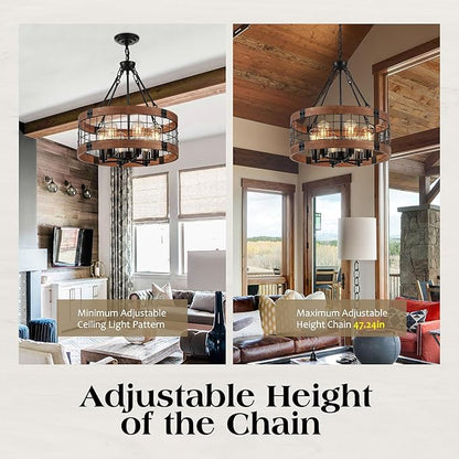 6-Light Farmhouse Drum Wood Pendant Light,20.55'' Vintage Rustic Brown Oak Wood Chandeliers,Retro Industrial Hanging Light Fixtures for Dining Room Entryway, Bedroom