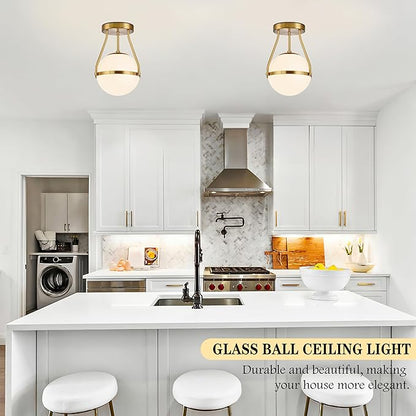 Bagood 8 Inch Mid Century Ceiling Light Modern Semi Flush Mount Ceiling Light Fixture Globe Ceiling Light Fixture with Milk Glass Shade Brass Finish for Kitchen Island Hallway Living Room (Bulb Incl.)