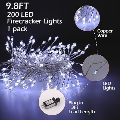 Minetom Fairy Lights Plug in, 10Feet 200LED Cluster String Lights, Silver Wire Waterproof Starry Firecracker Lights for Ceiling Bedroom Wreath Window Wedding Christmas Tree Decorations, Pure White