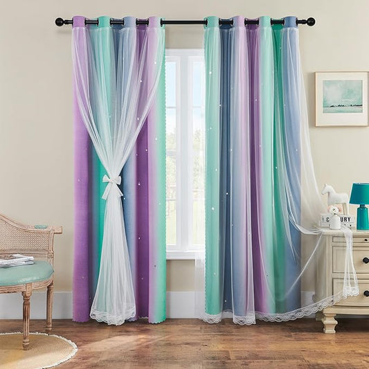 XiDi Purple Grey Curtains for Kids Bedroom Colorful Rainbow Design Cute Green Blackout Curtains for Girls Princess Room Decor Kitchen Cafe Window Grommet 2 Panels Set 54 inchs Long 34 Inches Wide