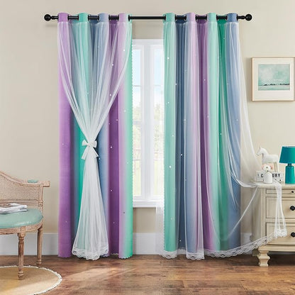 XiDi Purple Grey Green Short Curtains for Girls Bedroom 2 Panels Set, Rainbow Blackout Curtains for Kids Room Decor, Unicorn Wall Decals Grommet Drapes for Nursery 45 Inches Long 34 Inches Wide