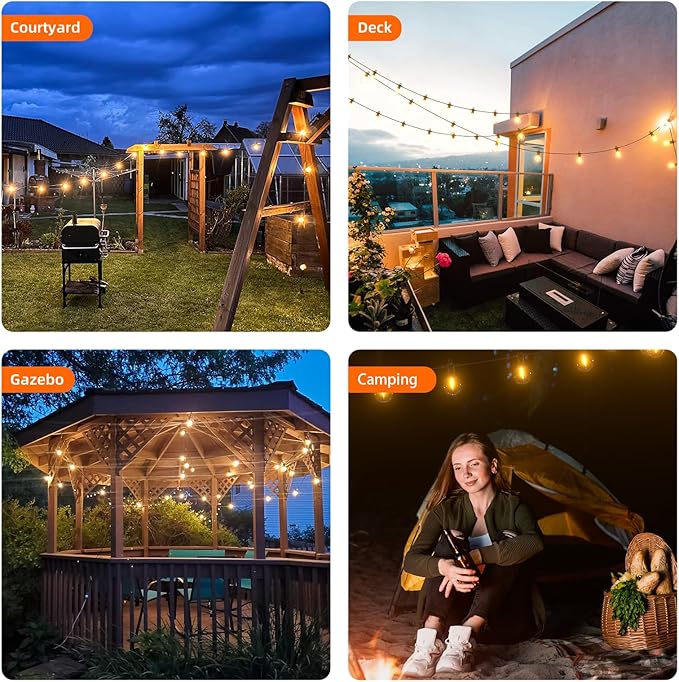 Kawaya Outdoor String Lights, LED Patio Light, Shatterproof Edison Globe Bulbs - IP65 Waterproof Dimmable Hanging Light
