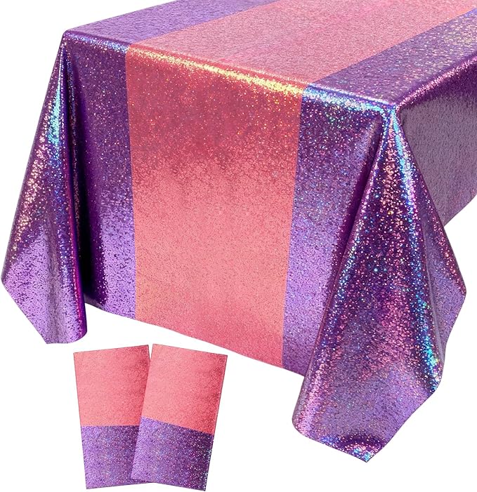 Oudain 2 Pcs Kpop Theme Party Purple & Pink Holographic Party Tablecloth 54 x 108 Inch Plastic Rectangle Tablecloth Waterproof Table Cover for Demon Kpop Theme Birthday Decoration