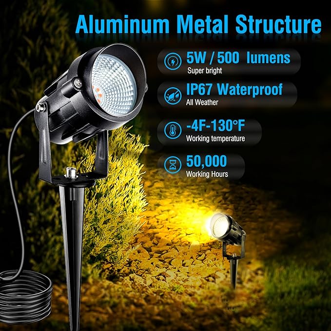 5W Low Voltage Landscape Lights with Connectors, AC/DC 12V-24 Landscape Spotlights 3000K Warm White Waterproof Garden Yard Pathway Wall Tree Flag Landscaping Lights with Spike Stand (2 Pack)