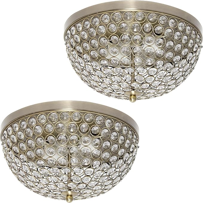Elegant Designs FM1000-ABS-2PK Elipse Crystal 13 Inch Modern Metal 2 Light Bowl Shaped Ceiling Flush Mount Fixture 2 Pack, Antique Brass