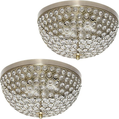 Elegant Designs FM1000-ABS-2PK Elipse Crystal 13 Inch Modern Metal 2 Light Bowl Shaped Ceiling Flush Mount Fixture 2 Pack, Antique Brass