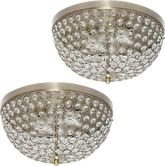 Elegant Designs FM1000-ABS-2PK Elipse Crystal 13 Inch Modern Metal 2 Light Bowl Shaped Ceiling Flush Mount Fixture 2 Pack, Antique Brass
