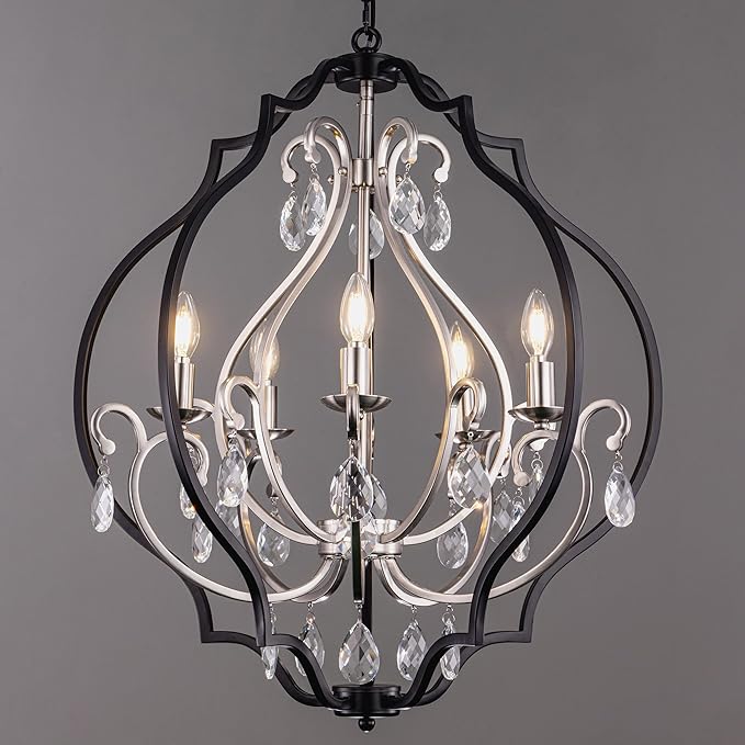 TOCHIC 5 Lights Farmhouse Chandelier, Rustic Orb Chandeliers for Dining Room, Black Crystal Chandelier Light Fixture for Living Room, Bedreoom, Hallway, Nickel, D 27"
