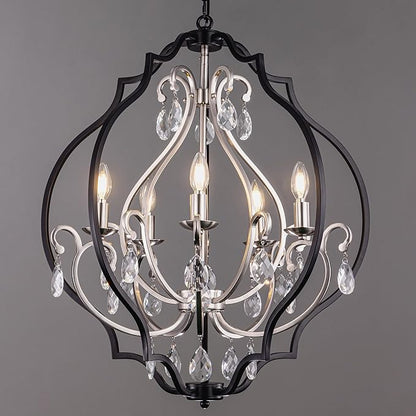 TOCHIC 5 Lights Farmhouse Chandelier, Rustic Orb Chandeliers for Dining Room, Black Crystal Chandelier Light Fixture for Living Room, Bedreoom, Hallway, Nickel, D 27"