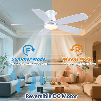 JSAITEE Flush Mount Ceiling Fans with Lights - 48in Low Profile Ceiling Fan with Light and Remote, DC Motor Quiet Operation, 3CCT Dimmable, Timer, Modern Fan Light for Indoor, Bedroom, Kitchen, White