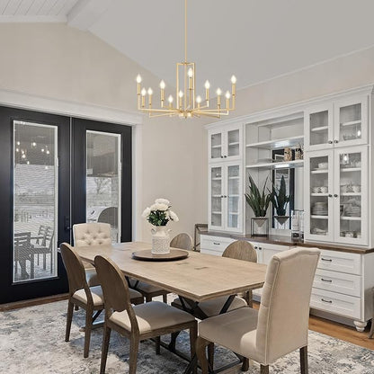 Modern Gold Chandelier, Farmhouse Candle Dining Room Chandeliers, Metal Hanging Pendant Light Fixture for Kitchen, Foyer, Bedroom, Living Room, Staircase, Entryway, 12-Light