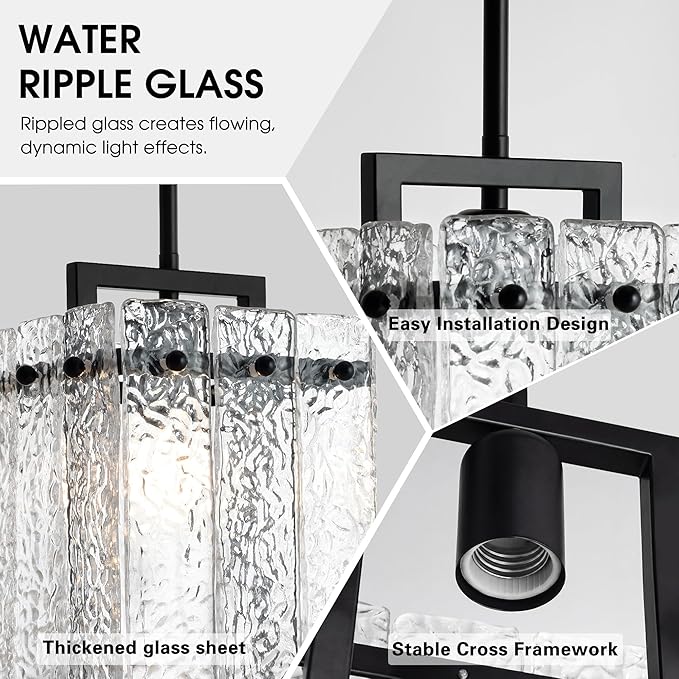 Modern Black Pendant Lights Kitchen Island, Pendant Light Fixtures with Water Ripple Glass, Elegant Adjustable Pendant Lighting, Island Lights for Kitchen, Dining Room, L7.3 x W11.6