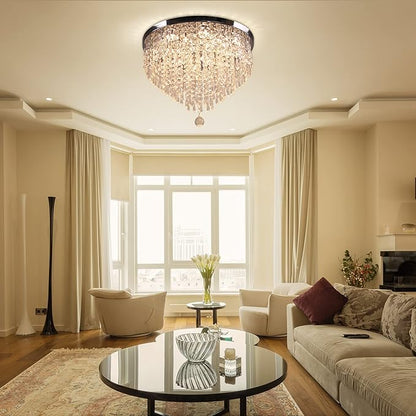 19.7" Crystal LED Flush Mount Ceiling Light, 5-Tier K9 Raindrop Crystals, Chrome Stainless Steel Chandelier Fixture for Bedroom, Living Room & Dining Room 3000K Warm White