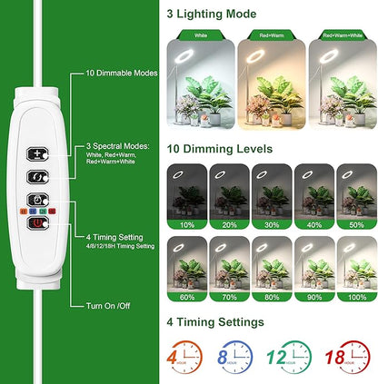Hywyimlait 6.3" Indoor Plant Growth Lights, Full Spectrum Plant Growing Lights, 8.2"-37.4" Height Adjustable Desk Grow Lamp with Base and Ground Stake, Auto Timer 4/8/12/18H, 3 Light Modes, 10 Dimming