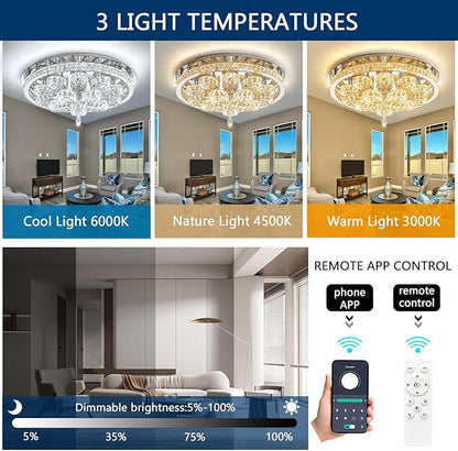 Modern Chandeliers for Living Room Crystal Chandelier Ceiling Light Fixture LED Dimmable with Remote Pendant Lighting Flush Mount Lighting for Dining Room Bedroom Silver