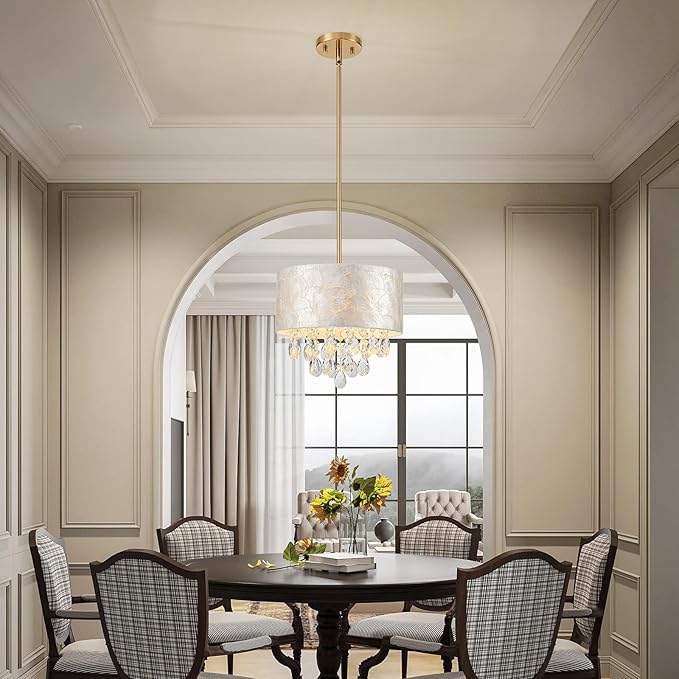 LumFurn D12 inch Capiz Shell Crystal Drum Chandeliers, 3-Light Coastal Style Pendant Light Fixture for Dining Room, Living Room, D12 x H19~49"(Adjustable Height), Shell Lampshade & Gold Finish