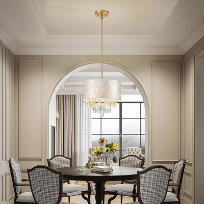 LumFurn D12 inch Capiz Shell Crystal Drum Chandeliers, 3-Light Coastal Style Pendant Light Fixture for Dining Room, Living Room, D12 x H19~49"(Adjustable Height), Shell Lampshade & Gold Finish