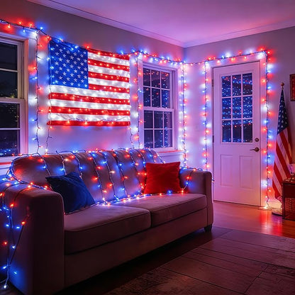 BrizLabs RGB + Warm White Christmas Lights, 98.5FT 300 LED Color Changing Red White Blue Patriotic String Lights with Remote, Dimmable Mini Light for Indoor Outdoor 4th of July Halloween Tree Decor