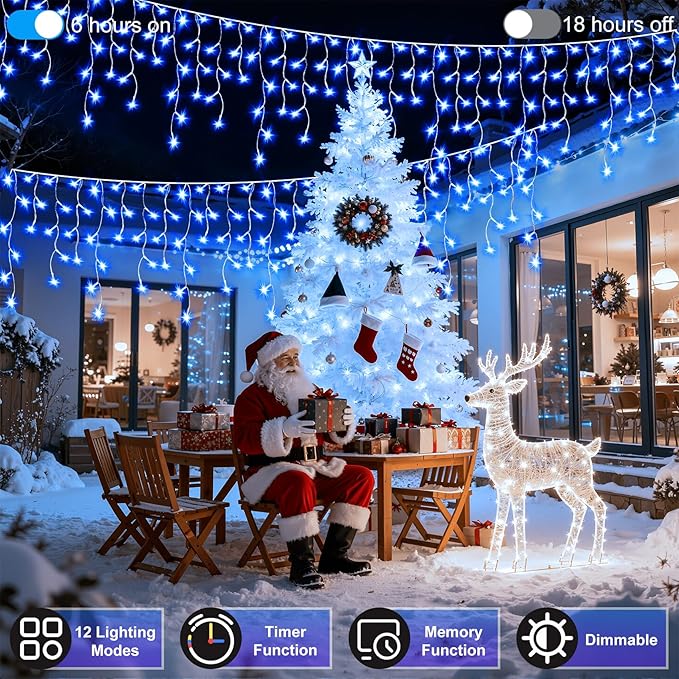 810LED 82FT Christmas Lights, 180Drops 12 Modes Blue Christmas String Lights Outdoor Dimmable, Waterproof Christmas Decoration Fairy Lights with Timer for Eaves Indoor Party Patio Window Fence Blue