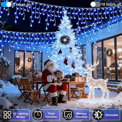 810LED 82FT Christmas Lights, 180Drops 12 Modes Blue Christmas String Lights Outdoor Dimmable, Waterproof Christmas Decoration Fairy Lights with Timer for Eaves Indoor Party Patio Window Fence Blue