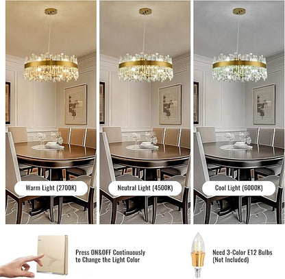 Siljoy Modern Crystal Chandelier, 12-Light Brushed Gold Round K9 Crystal Raindrop Chandelier, Luxury Dimmable Pendant Ceiling Light for Dining Room Living Room Kitchen Island Entryway Foyer, D23.6''