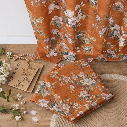 Simplebrand Orange Floral Curtains 63 Inch Length 2 Panels, Faux Linen Textured Semi Light Filtering Farmhouse Curtains & Drapes, Soft Airy Slub Window Curtains for Living Room Bedroom, Each 40"Wx63"L