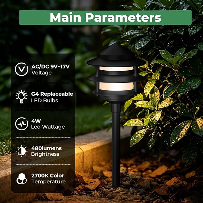 Gardencoin Pagoda Low Voltage Landscape Pathway Lights, 12V Outdoor LED Path Lights Wired, Aluminum Walkway Lighting with 4W 2700K Replaceable G4 Bulb, Classic 3-Tier Lantern, 12 Pack