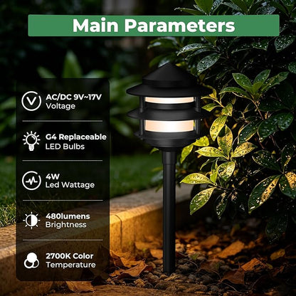 Gardencoin Pagoda Low Voltage Landscape Pathway Lights, 12V Outdoor LED Path Lights Wired, Aluminum Walkway Lighting with 4W 2700K Replaceable G4 Bulb, Classic 3-Tier Lantern, 12 Pack
