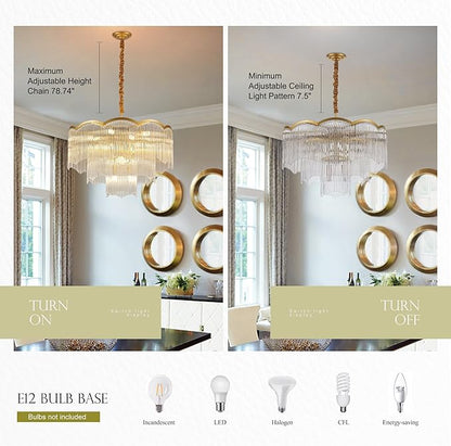 27.75" Gold Clear Glass Crystal Chandelier 14-Light Modern Crystal Pendant Ceiling Light Fixture 4-Tier Luxury Glass Chandeliers,for Dining Room Kitchen Island Living Room Bedroom