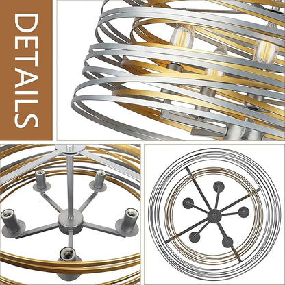 ACNKTZ 19.7'' Double Round Metal Chandelier, 5-Light Modern Farmhouse Dining Room Lights Over Table, Gold Chandelier for Hallway Kitchen Island Entryway Stairwell, Silver with Gold Interior