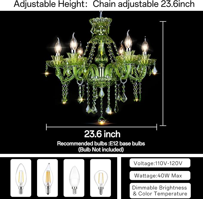 Bagood 6 Lights Green K9 Crystal Candle Chandeliers Lighting Modern Pendant Lights Ceiling Fixture Lamp for Dining Living Room Bedroom Hallway Entry Elegant Decoration E12 Base, H20.5 x W23.6 Inch