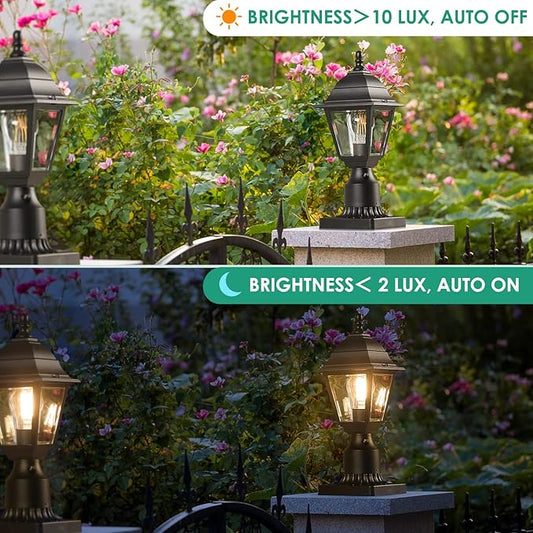FOLKSMATE Dusk to Dawn Outdoor Post Lights, 2-Pack Large Waterproof Outside Post Lamps with Pier Mount, Exterior Pole Lantern with Clear Glass, Matte Black Light Fixture for Patio, Garden, Walkway