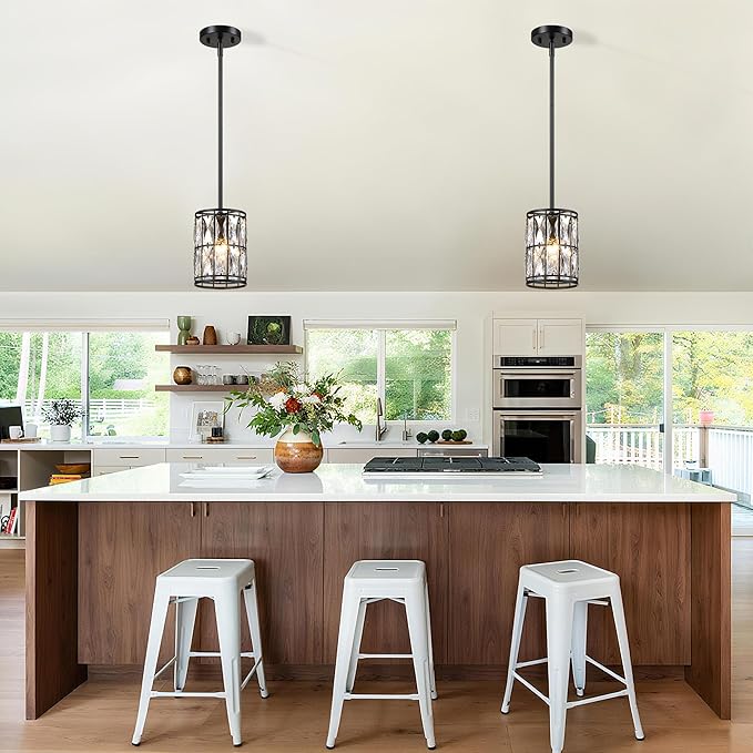 Modern Crystal Pendant Light Fixture 3-Pack Matte Black Finish Hanging Lighting Crystal Chandelier for Living Room, Kitchen, Hallway