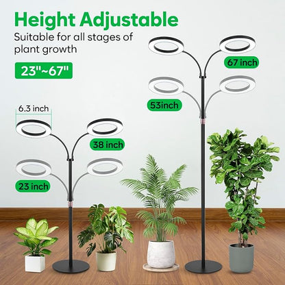 Dual-Head Grow Lights for Indoor Plants, LED Full Spectrum Floor Plant Lamp with Timer 3/9/12H, Height Adjustable 23"-67" Standing Grow Light for Large Tall Plants, 10 Brightness & Flexible Gooseneck