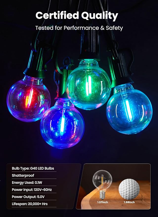 Brightown Outdoor String Lights 58 Feet G40 LED Patio Lights, 27 Plastic Edison Bulbs(2 Spare), Remote, Timer, Waterproof Connectable Hanging Light for Backyard Porch Balcony Party Decor, Multicolor