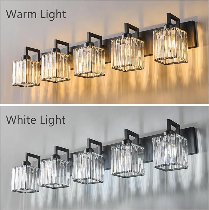 Black Bathroom Light Fixture, 5-Light Crystal Vanity Lighting, Bathroom Lighting Fixtures Over Mirror, Modern Crystal Wall Lamp