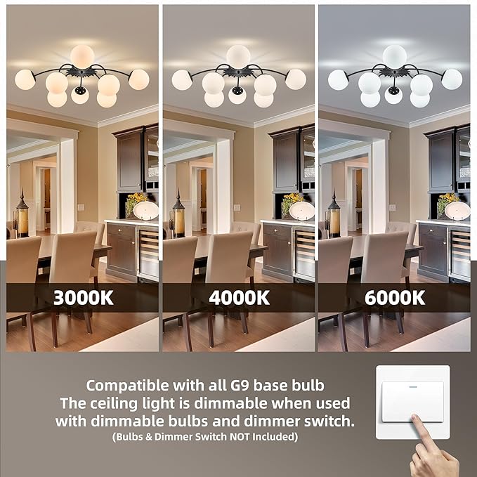 Longree 8-Light Black and White Sputnik Chandelier Flush Mount Ceiling Light with Blossom Accent, Mid Century Opal Glass Globe Bubble Chandeliers for Dining Hallway Living Entry Room