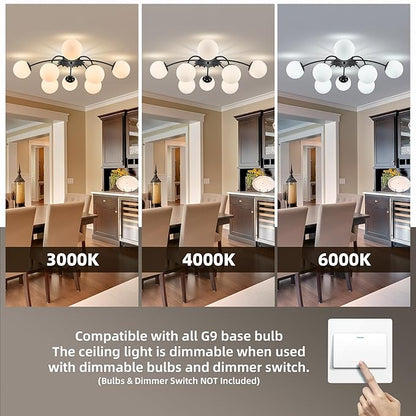 Longree 8-Light Black and White Sputnik Chandelier Flush Mount Ceiling Light with Blossom Accent, Mid Century Opal Glass Globe Bubble Chandeliers for Dining Hallway Living Entry Room