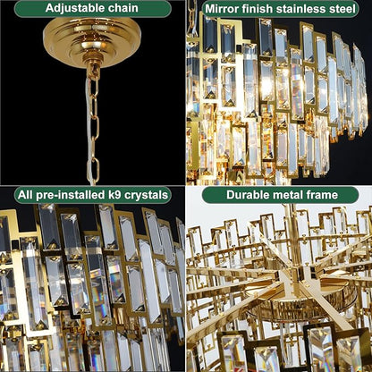 W31.5 Modern Crystal Chandelier Gold Round Chandelier for Living Room 4-Tier Large Chandeliers for High Ceiling Foyer Entryway Light Fixture Hanging Contemporary Lighting 19-Light